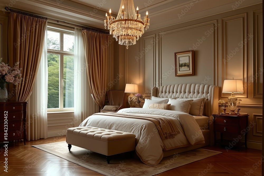 Fototapeta premium Luxury classic bedroom interior with elegant chandelier and warm lighting
