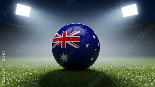 Australia Flag Soccer Ball on Grass Field Under Bright Stadium Lights at Night