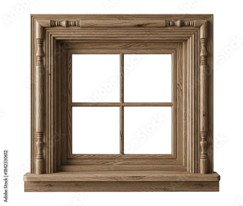 Ornate carved oak wood window frame with sill and mullions, isolated