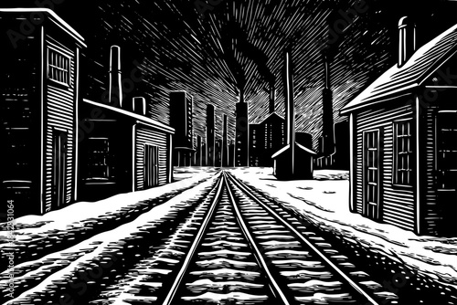 snowy Detroit sketch shows factory silhouettes, aged buildings, wide winter roads, and bold pencil lines capturing the city’s industrial character under snowfall