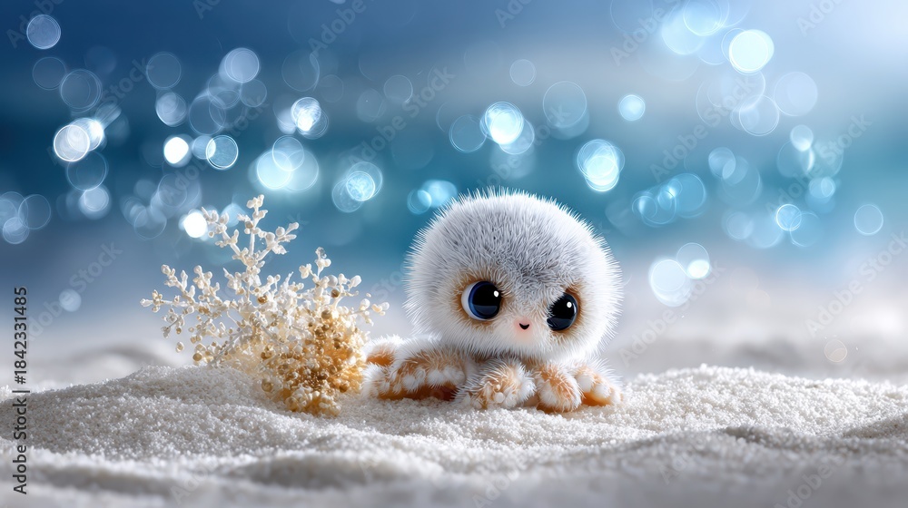 Obraz premium Cute fluffy octopus character sitting on sand beach