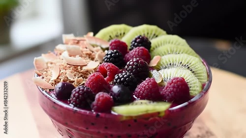 Slow rotating cinematic shot of vibrant dragon fruit smoothie bowl with berries, kiwi, coconut on rustic wooden table