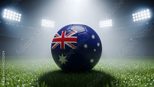 Australia Flag Soccer Ball on Grass Field Under Bright Stadium Lights at Night