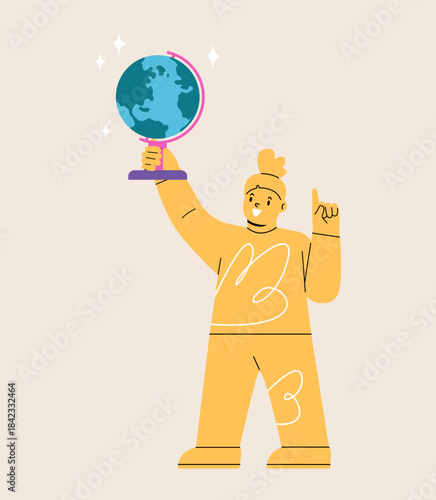 Happy girl holding a globe. Colorful vector illustration