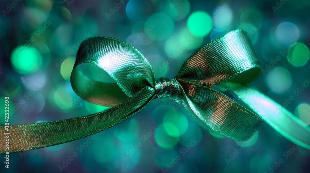 Naklejka premium Close-up of a shiny green ribbon tied in a bow with bokeh light effects in the background.