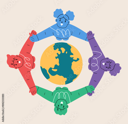Earth day. Group of kids holding hands. Colorful vector illustration