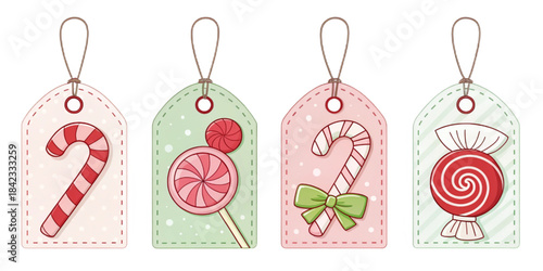 Cute Christmas Candy Price Tags Vector, Cartoon Candy Cane, Lollipop, and Wrapped Candy Labels