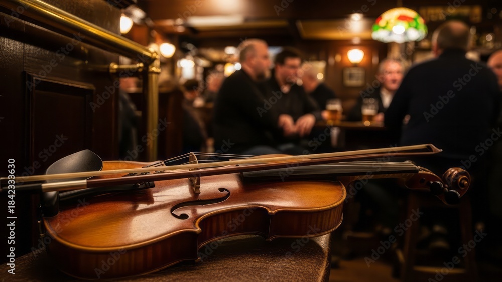 Fototapeta premium Violin in a Cozy Pub Setting Music Bar Instrument. Concept featuring violin, pub, music, bar, instrument.