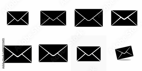 Set of eight black minimalist envelope icons for email, messaging, and communication symbols, isolated on white background.