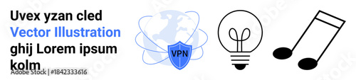 Data security, global connectivity, innovation, creativity, music, entertainment. A VPN shield, lightbulb and music notes. Data security and global connectivity concept