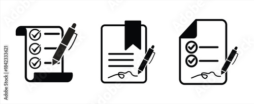 Signature icon set. Pens signing contracts in different styles. Business management. Vector illustration.