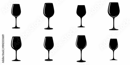 Collection of Eight Black Silhouettes of Champagne Flutes and Wine Glasses, Showing Various Modern Glassware Shapes on White.