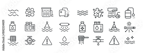 Water filtration icons set: purification, treatment, and safety