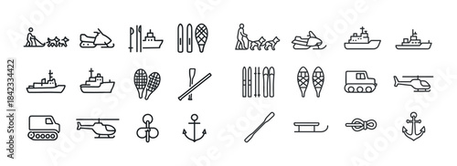 Winter sport and transportation icons including skiing, snowmobi