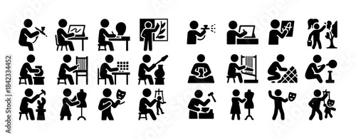 Silhouette icons of creative hobbies and artistic activities