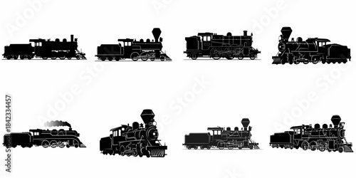 Eight distinct black silhouettes of classic steam locomotives, illustrating various vintage train designs ideal for transportation and history concepts.