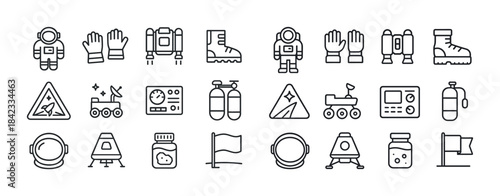 Space exploration icons collection: astronauts, rovers, helmets,