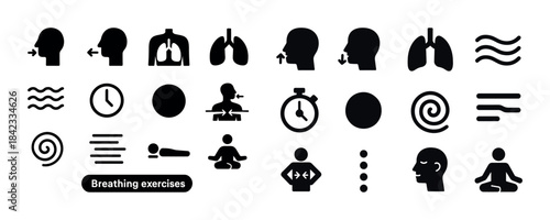 Breathing exercise icons set: meditative poses, lungs, and timer