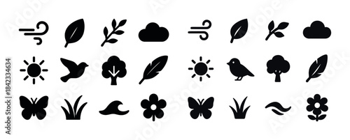 Nature icon set: wind, leaves, cloud, sun, bird, tree, flower, b