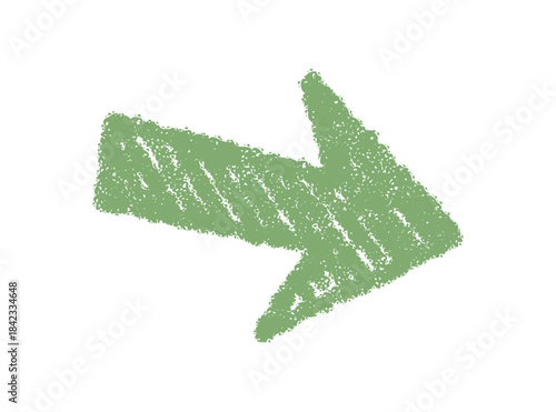 Handdrawn green crayon arrow icon with bold sketch element. Crayon pointer as strong symbol with hand drawn artistic appearance. Graphic detail for simple and modern visual communication.