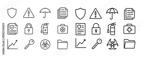 Security and safety icons set including shield, lock, key, and f
