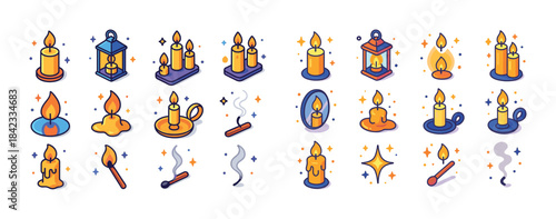 Collection of various candle designs with flames and smoke eleme