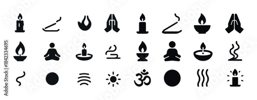 Minimalistic meditation icons: candles, incense, yoga, and spiri