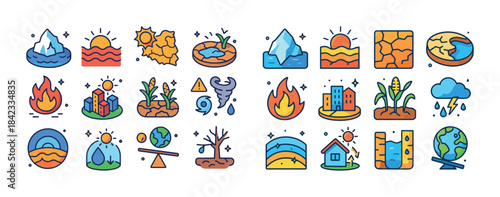 Colorful icons representing climate change and environmental ele