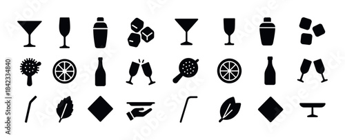 Icon set of barware and cocktail elements including glasses and
