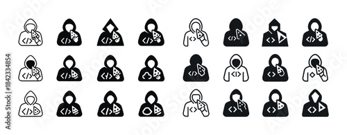 Hacker icons: diverse styles of anonymous hooded figures in silh