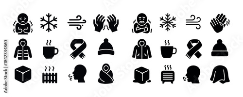 Winter icons set: cold weather, snowflakes, warm clothing, hot d