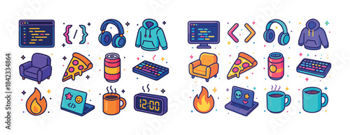 Colorful tech and lifestyle icons featuring gadgets food and coz