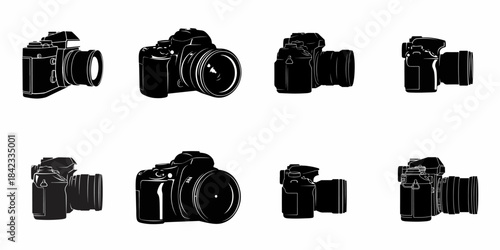 Eight black vector silhouettes of professional DSLR cameras and lenses displayed from various angles, representing modern photography equipment icons on a white background.