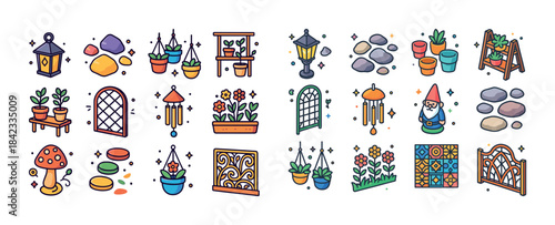 Charming garden elements collection: decor, plants, and stone ar