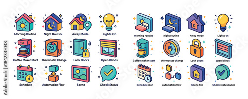 Smart home automation icons: routines, security, lighting, and s