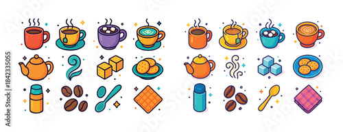 Colorful coffee and tea icons with mugs, teapots, and snacks