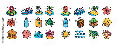 Colorful tropical icons depicting travel and nature elements