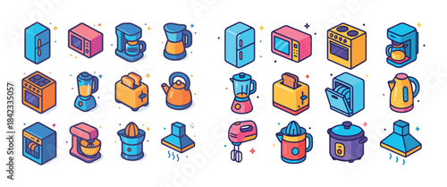 Colorful isometric kitchen appliances set with blender, toaster,