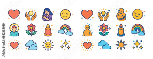 Collection of colorful positive icons with hearts, flowers, and