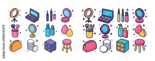 Colorful makeup set icons with brushes, mirrors, and cosmetic es