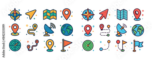 Colorful navigation and location icons set featuring maps, compa