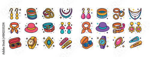 Colorful fashion accessories collection: earrings, bracelets, ri