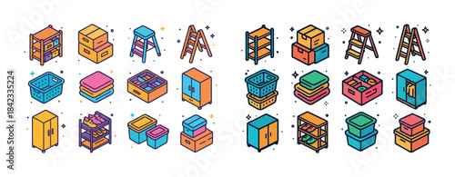 Colorful isometric furniture set: ladder, storage, cabinets, she