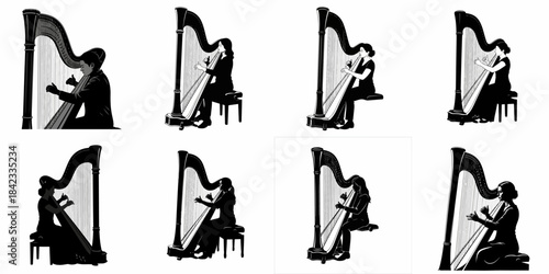 Black and white vector set of harpists playing the classical pedal harp, depicting various silhouettes of musicians performing.