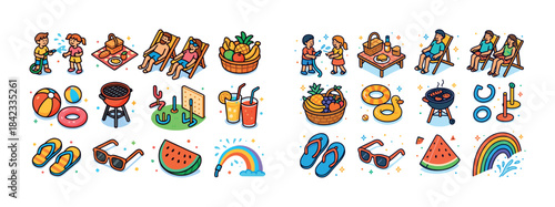 Colorful picnic and beach day with children and adults enjoying