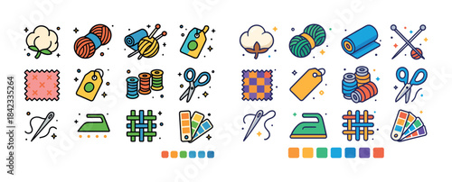 Colorful sewing and knitting icons featuring cotton, yarn, and c