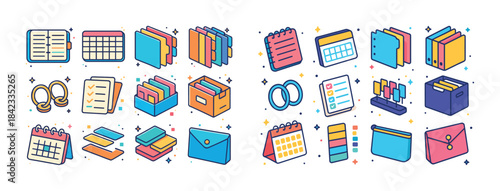 Colorful icons of office supplies and organization tools for eff