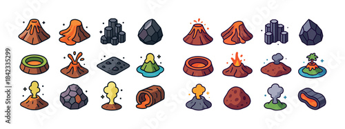 Colorful cartoon volcano and eruption elements collection