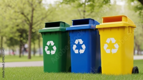 Colorful Recycling Bins in Park Green Blue Yellow. Concept featuring recycling, bins, green, blue, yellow.