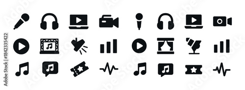 Music and video icon set: microphone, headphones, play button, s